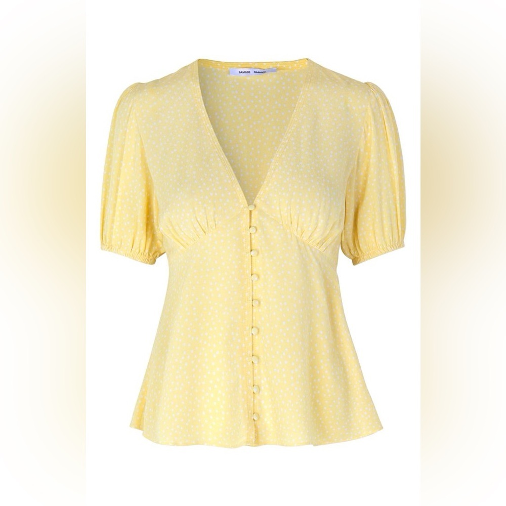 Samsoe Samsoe Petunia Yellow Polka Dotted Buttoned Short Sleeve Blouse Womens L